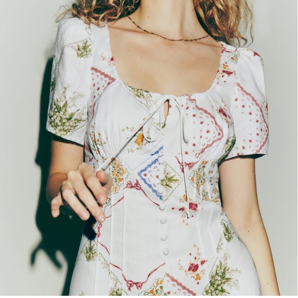 Reformation White Floral Patchwork Tie-Front Dress